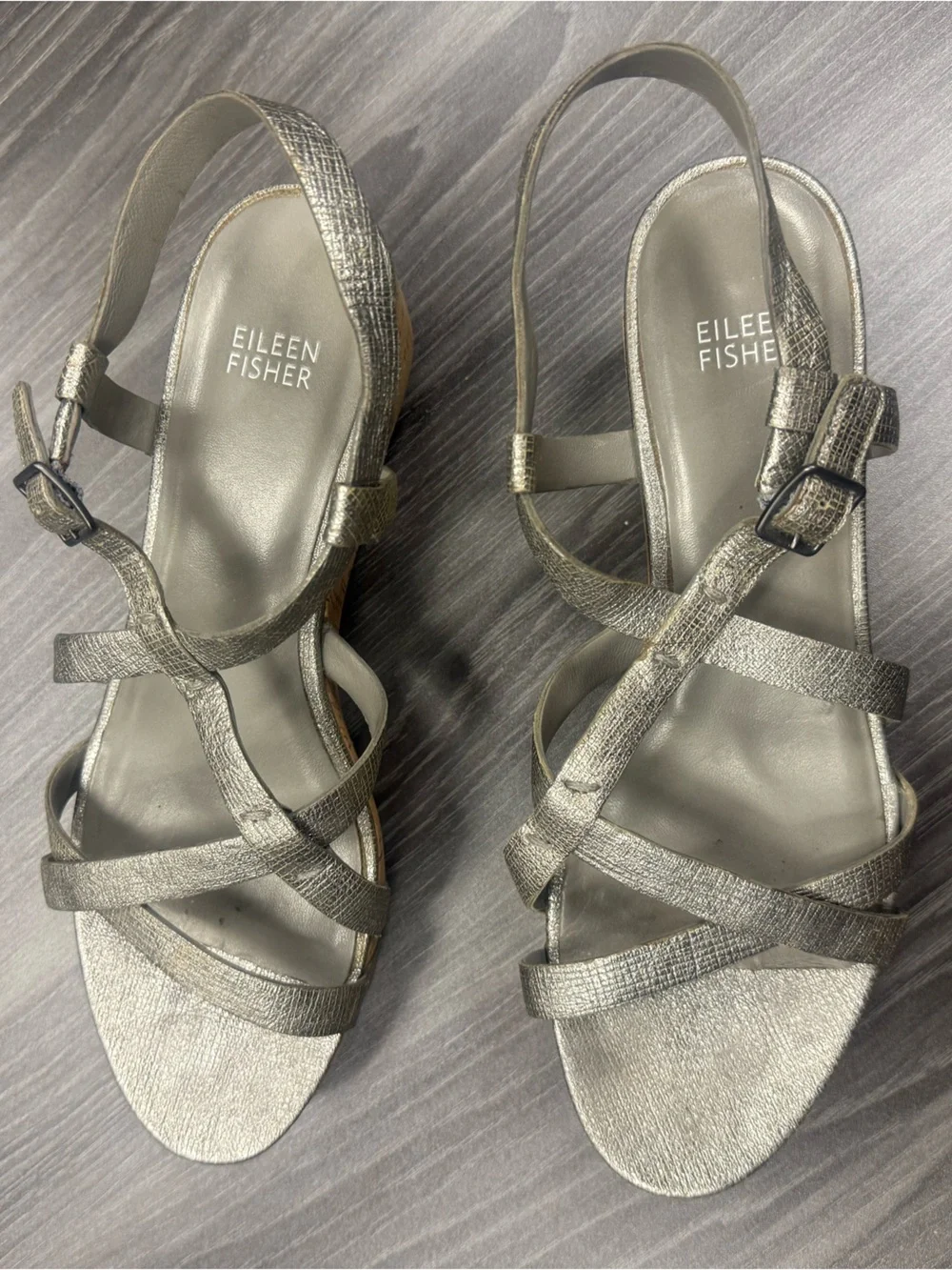 Eileen Fisher Array Cork Platform Women’s Sandals Size 9 Metallic Silver